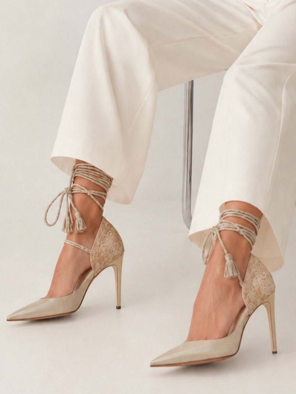 Pantya Lace-Up Pointed-Toe Stiletto Heels Leather and Lace 6